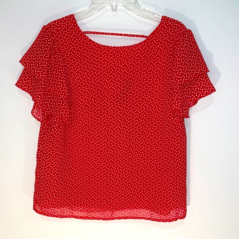 Cute flutter sleeve top - red with pink hearts, flutter sleeve